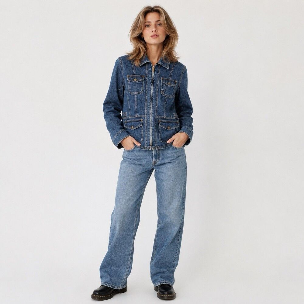 Jones New York Womens Medium P Denim Jacket Blue Jean Full Zip Y2K 90s Quiet Lux